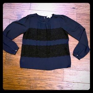 Anne Taylor LOFT Blue & Black lace blouse XS